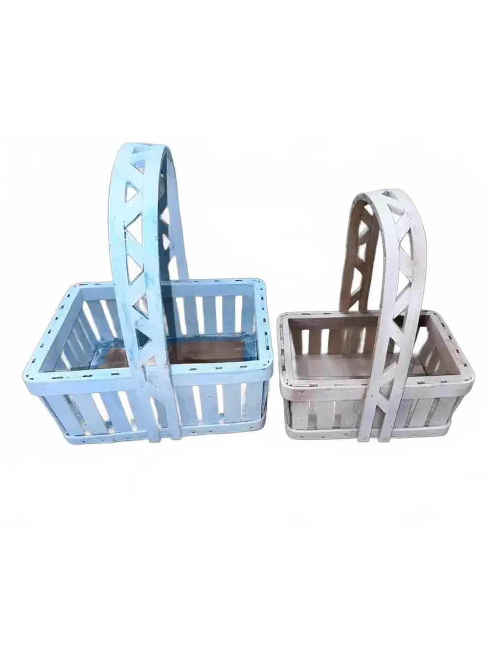 2 Wooden Berry Picking Baskets Farmhouse Cottage Blue 12X9 & White 10X8